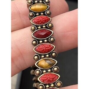 Vintage LizClaiborne Red Poured Glass Gripoix Flowers Stretch Bracelet Signed LC